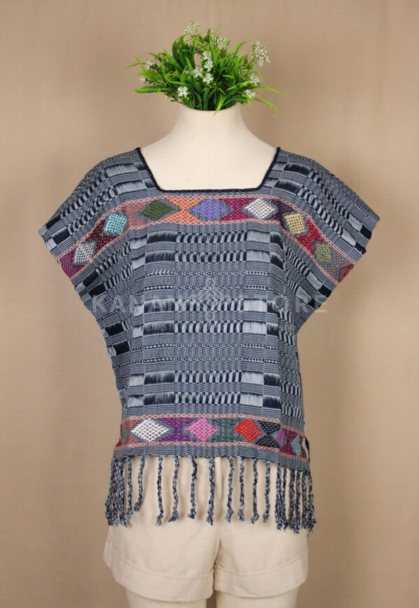 Blusa zinacantan flecos azul/gris